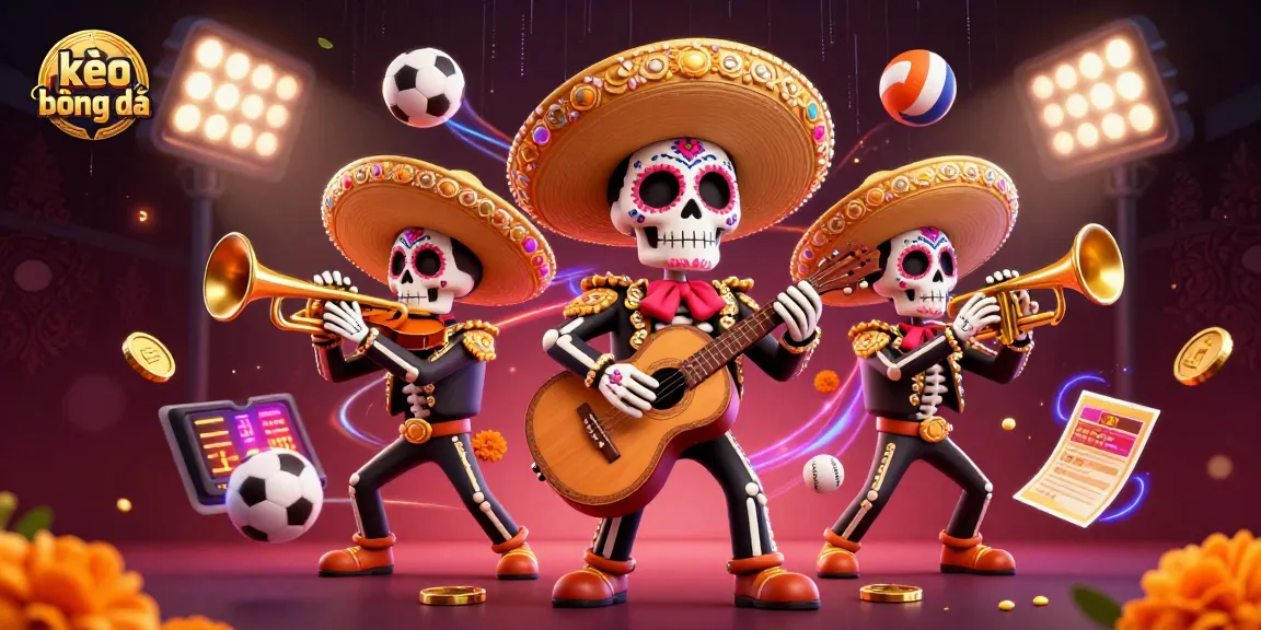 Engage in kèo bóng đá with a lively mariachi band amid flying sports elements and vibrant colors.