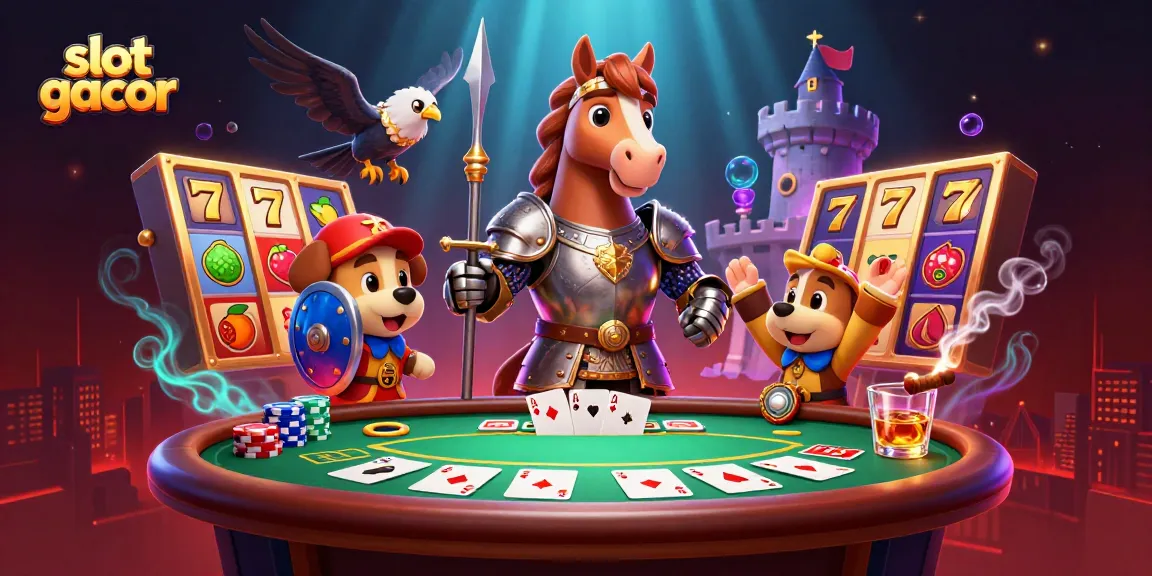 Experience slot gacor in a vibrant 3D illustration with knights, poker elements, and rich details.