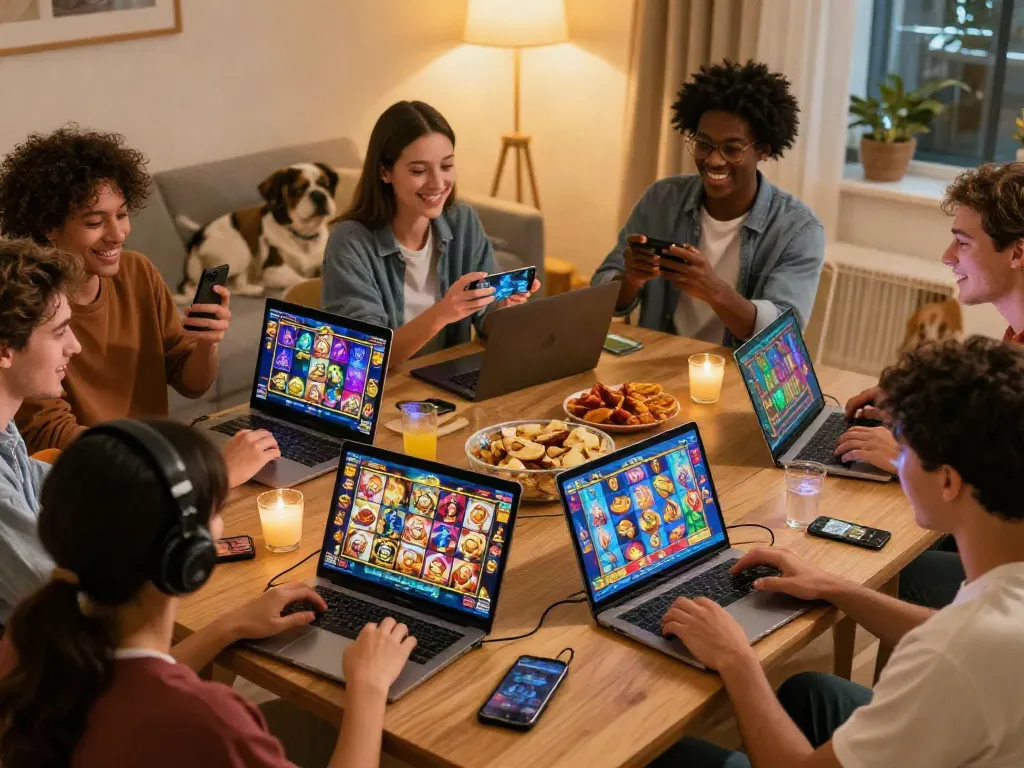 A lively at-home scene where players enjoy slot online games on their devices with joyful expressions and colorful game graphics, surrounded by a cozy atmosphere.