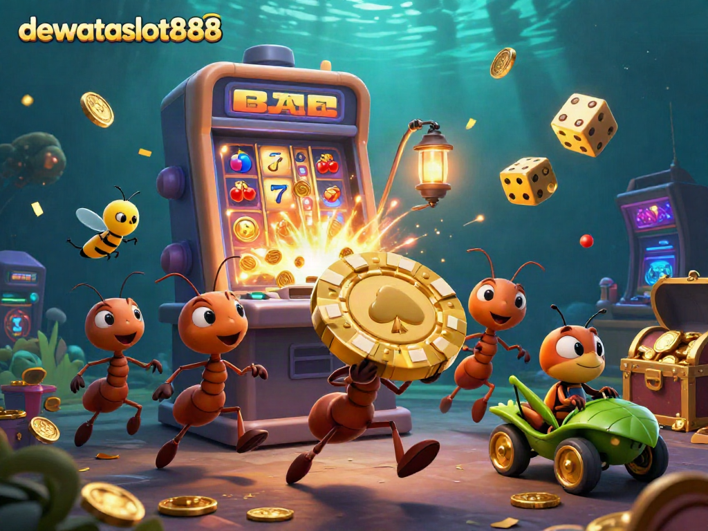 Permainan seru dewataslot888 dengan karakter semut mencuri chip poker emas di dunia kasino