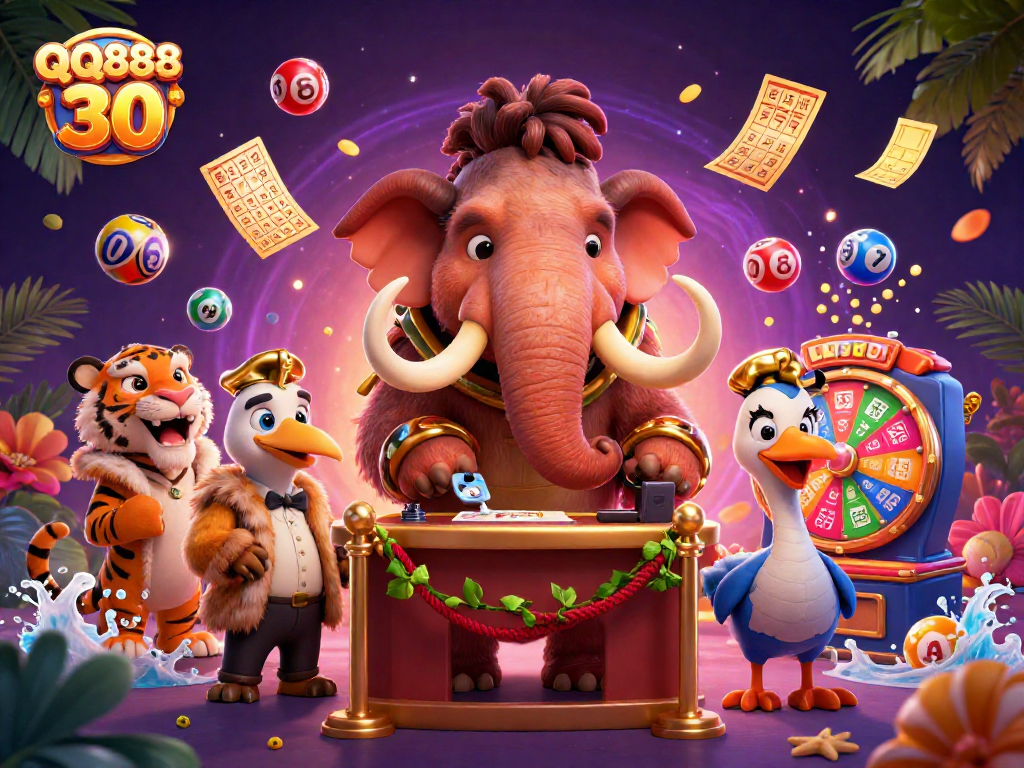 Place your bets with QQ888 30 in a dynamic casino scene featuring colorful lottery elements and charismatic characters.