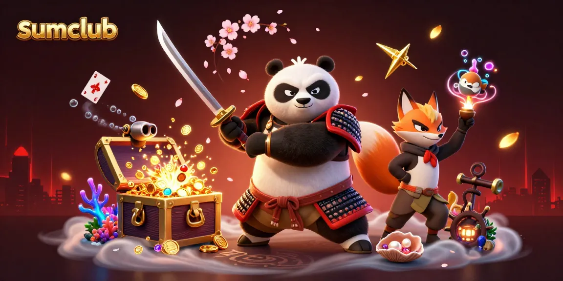 Engage with sumclub's vibrant casino world featuring samurai panda, ninja fox, and treasures.