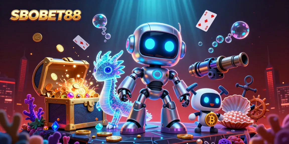 SBOBET88 menampilkan karakter kartun robot cyberpunk yang keren dengan mata neon biru, dikelilingi harta karun laut dan kartu bermain yang melayang.