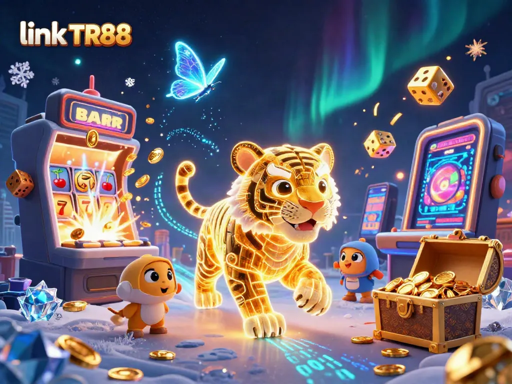 Spin to win with link TR88 on vibrant digital casino illustration featuring a neon tiger and slot machine.