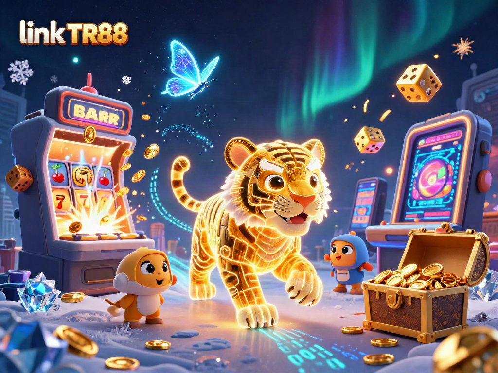 Spin to win with link TR88 on vibrant digital casino illustration featuring a neon tiger and slot machine.