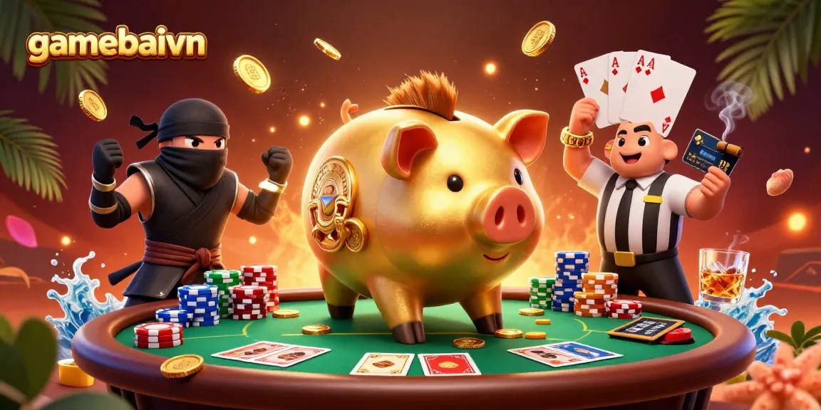 Gamebaivn poker action featuring a sumo wrestler, ninja, and referee in an exciting casino showdown.