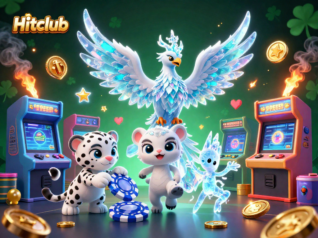 Hitclub showcases a vibrant 3D illustration with an ice phoenix, snow leopard playing poker, and dancing ice sprites.