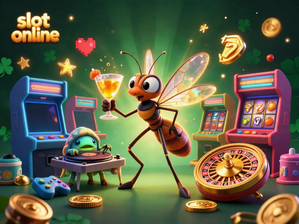 Spin and win at slot online with a vibrant illustration featuring a casino mascot and fossil DJ in a dynamic scene.