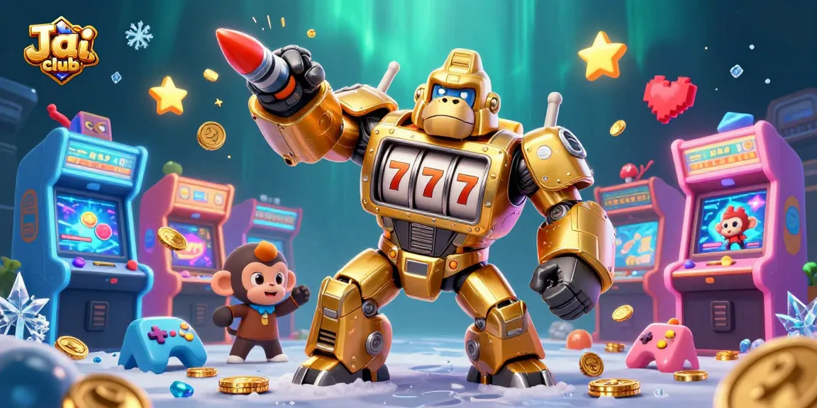 Engage with exciting games on Jai club, featuring a golden gorilla mech and dynamic casino elements.