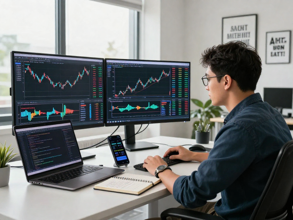 专业交易员分析多种市场数据与metatrader 5交易策略,展示充满现代感的交易环境。