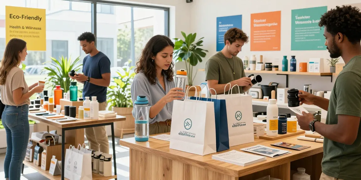 Shop eco-friendly products at ebbfilter.com, featuring vibrant displays and diverse customers enjoying sustainable home goods.