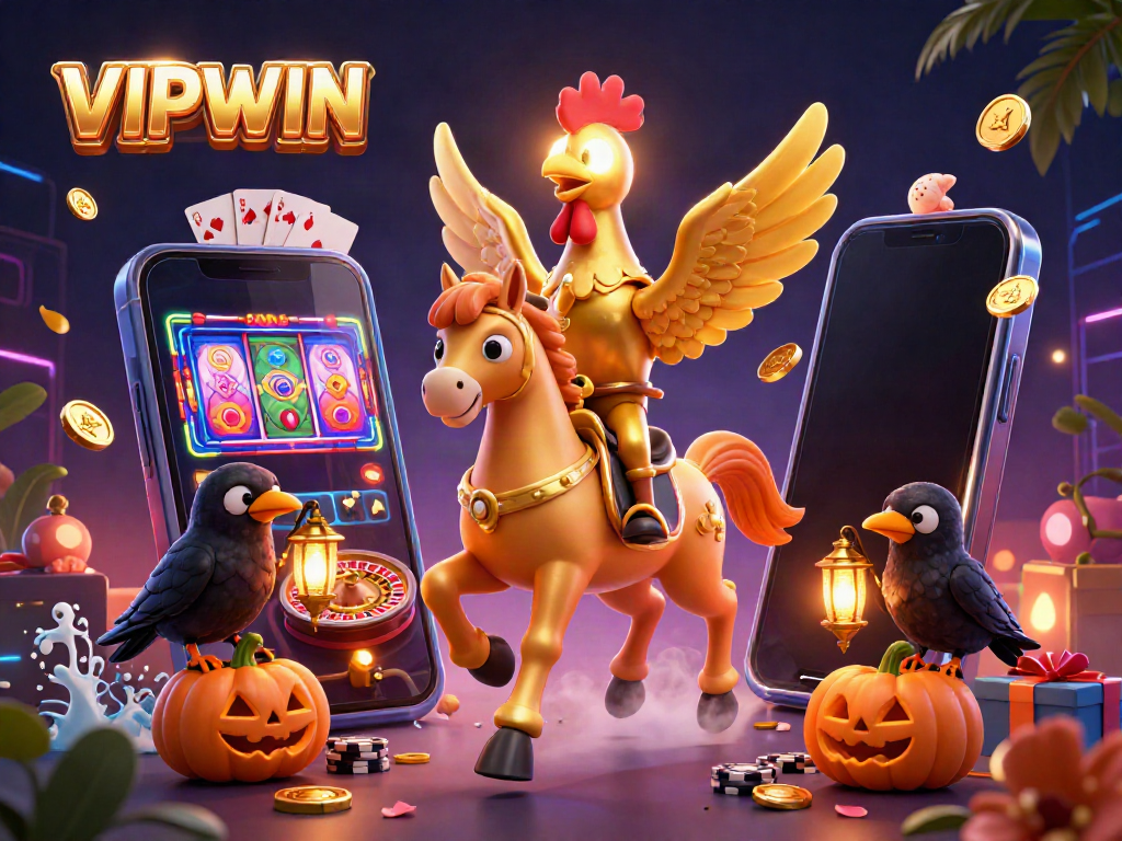 Experience thrilling gameplay at VIPWIN with a whimsical casino scene featuring exciting characters and games.