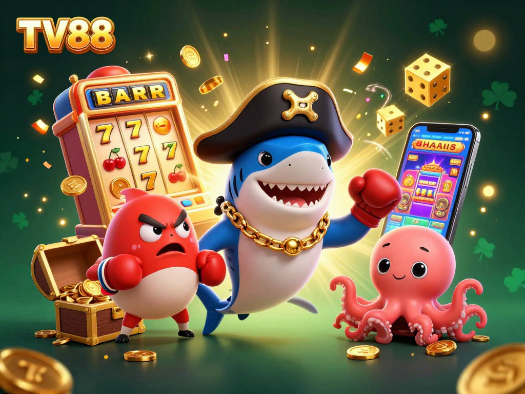 Engage with TV88's thrilling slots amidst a dynamic 3D pirate-themed illustration.