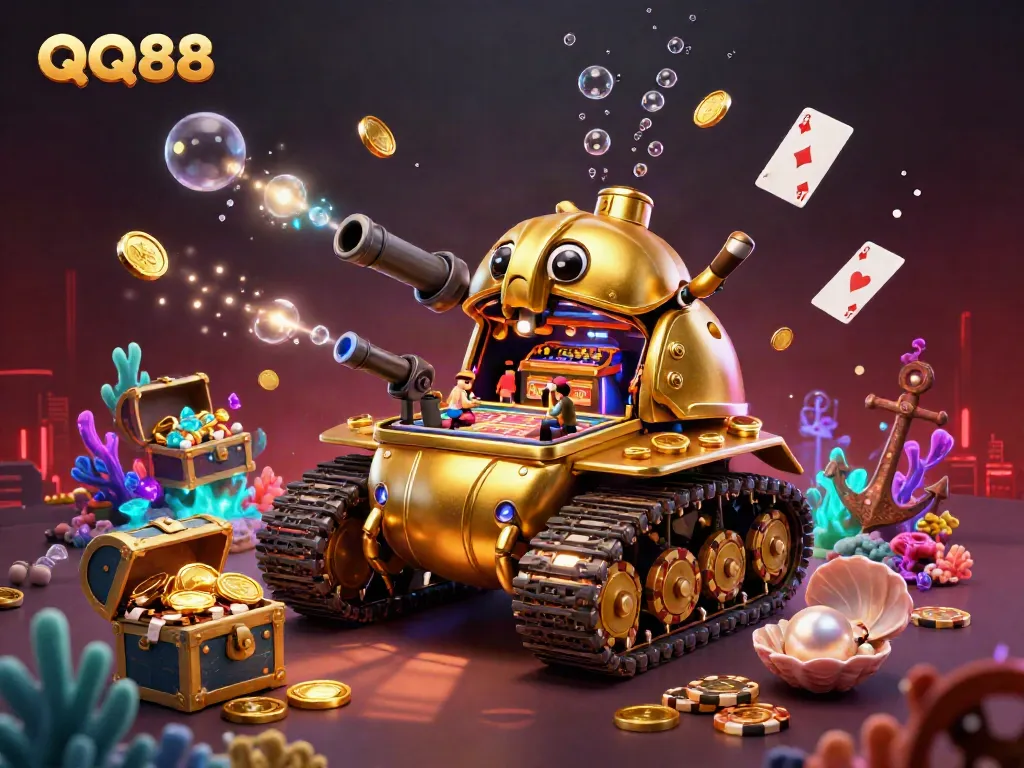 Experience the excitement of QQ88's vibrant casino with a unique golden beetle tank illustration.