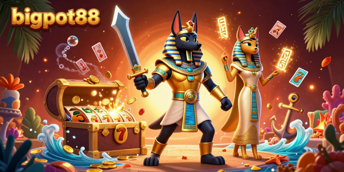 Experience high-stakes thrills with bigpot88 featuring Anubis and Bastet amidst vibrant casino elements.
