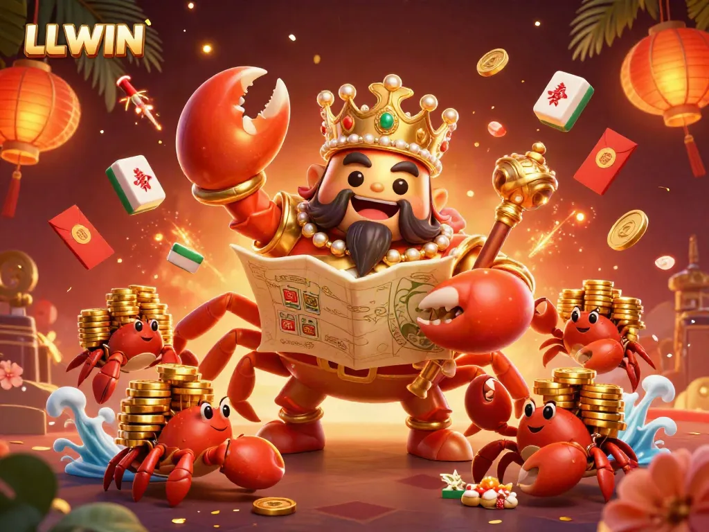 Engage with LLWIN's vibrant digital casino world featuring a golden crab emperor and luxurious game elements.