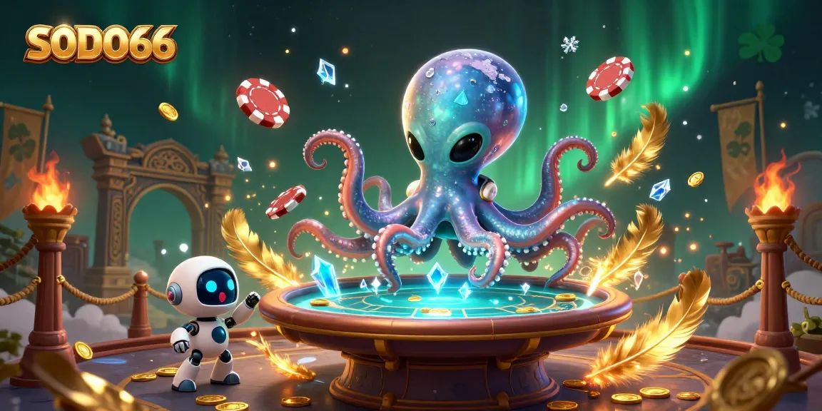 SODO66 alien octopus plays poker holographically with robot companion and orbiting poker chips.