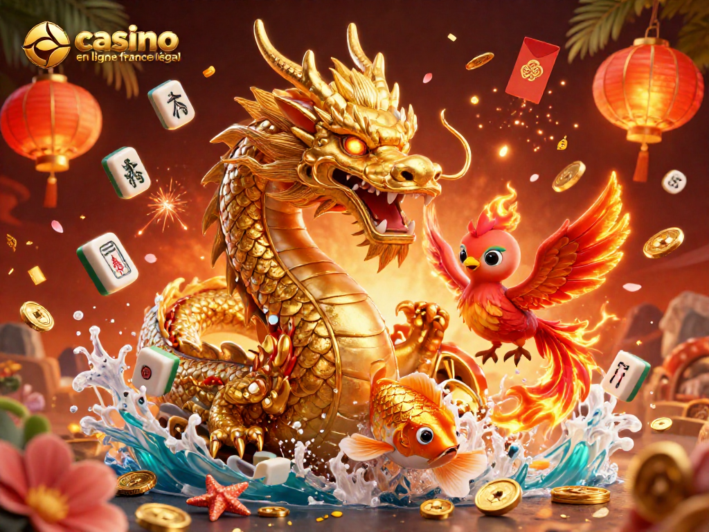 Jouez sur un casino en ligne France légal, avec un dragon chinois et un phoenix, entouré de gains.