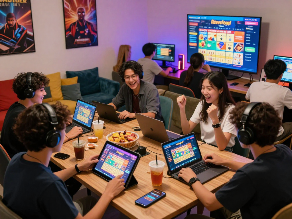 Dewatogel gaming scene with diverse players interacting over tablets and laptops, creating an exciting community atmosphere.