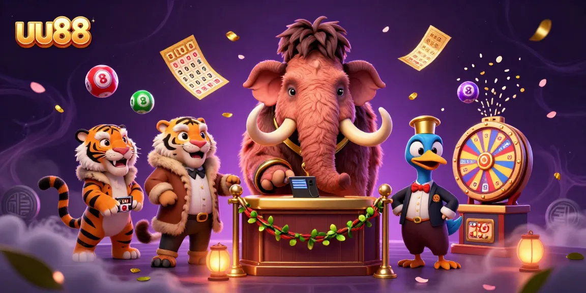uu88 showcases a vibrant casino scene with a woolly mammoth bouncer and classic gambling elements.