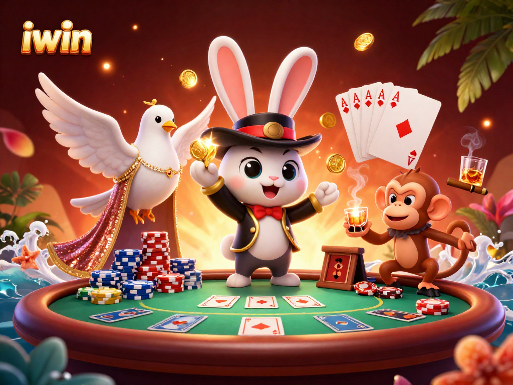 Experience thrilling wins with iwin at this vibrant poker scene featuring playful characters.