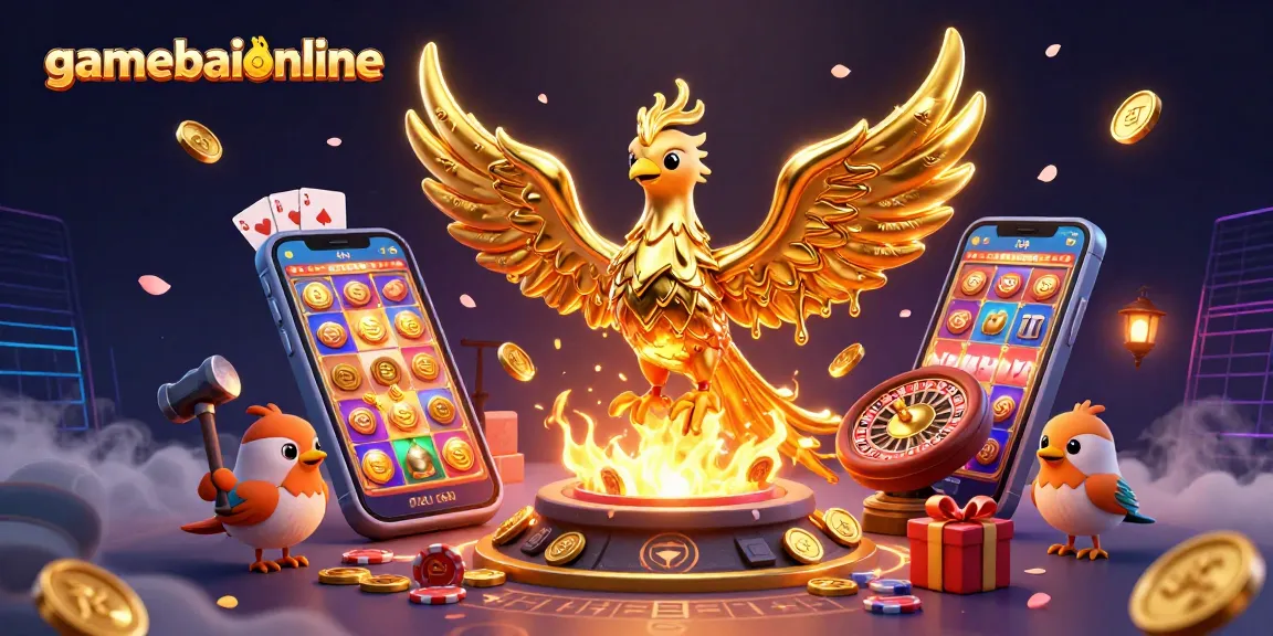 Engage in thrilling gameplay with gamebaiionline as a golden phoenix and sparrow assistants create a dynamic casino scene.