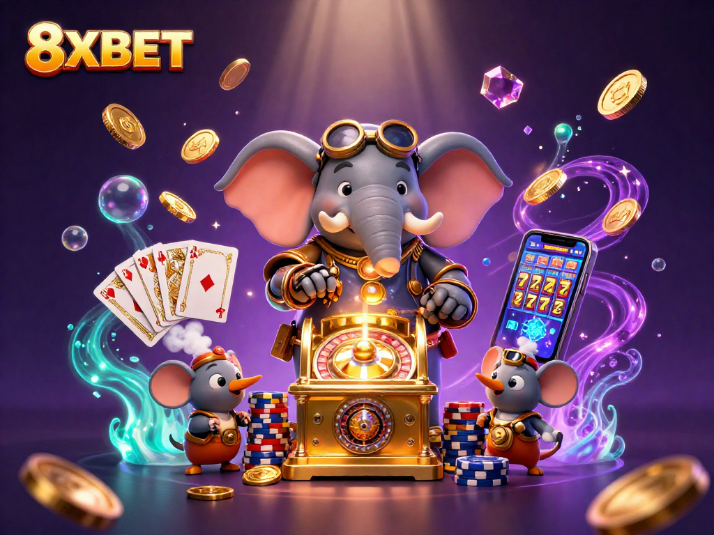 Engage in thrilling gameplay with 8XBET, featuring a vibrant illustration of a steampunk elephant operating a slot machine.