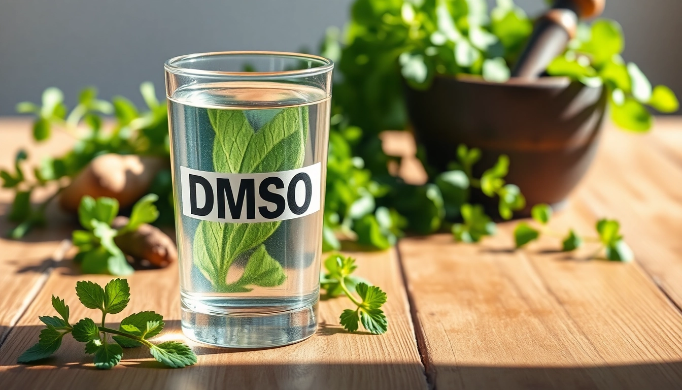 Discover the benefits of drinking dmso, showcasing a glass with DMSO surrounded by herbs.