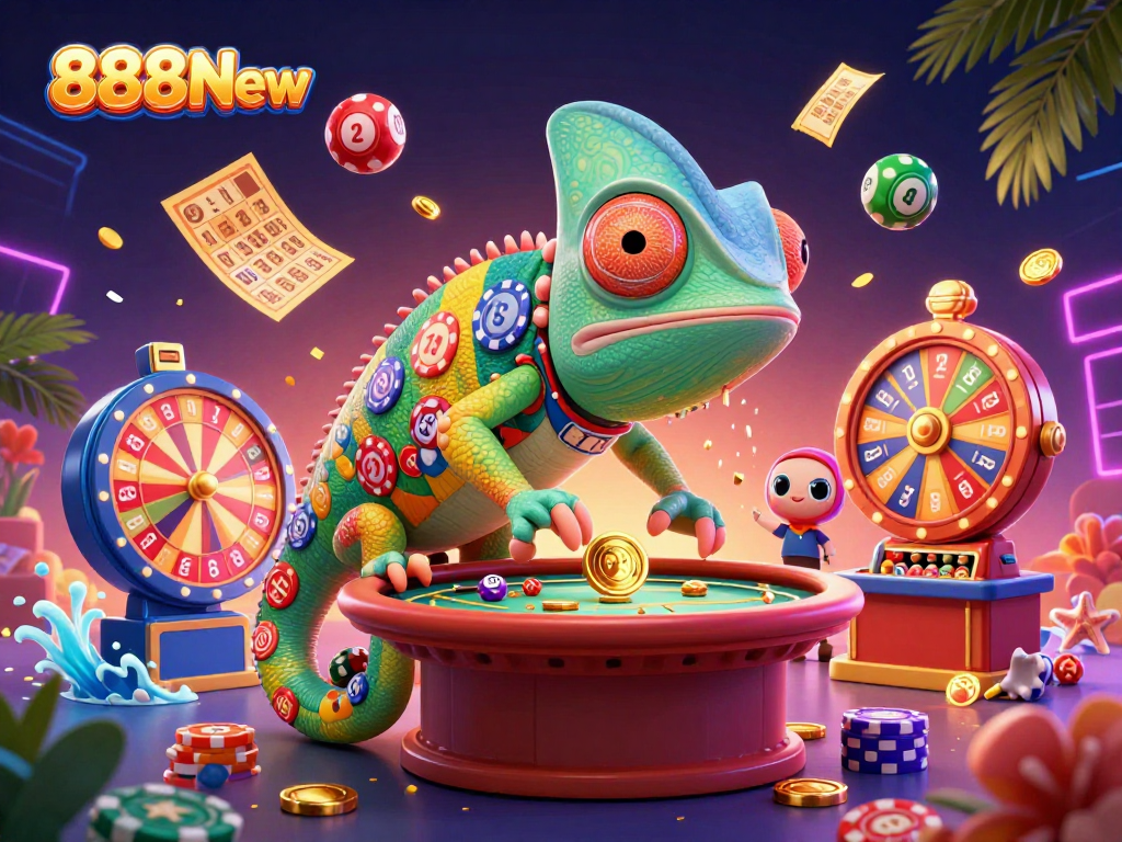 Experience vibrant gaming excitement at 888New with a dynamic chameleon casino owner amidst colorful lottery elements.