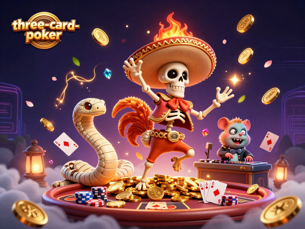 Engage in exciting three-card-poker gameplay with animated characters celebrating big wins.