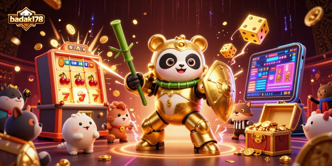 Engage in the exciting action of badak178 with a 3D mech-suit panda in a vibrant gaming arena.