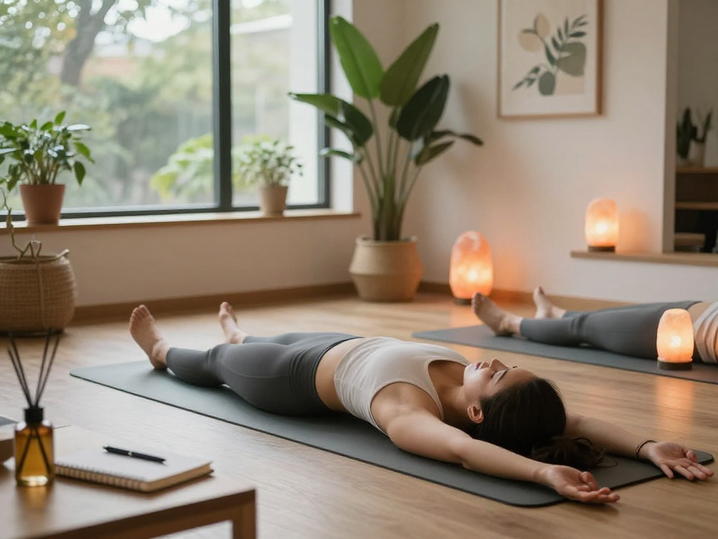 Practicing meditation in a serene wellness studio highlighting mantra88 benefits for mindfulness.