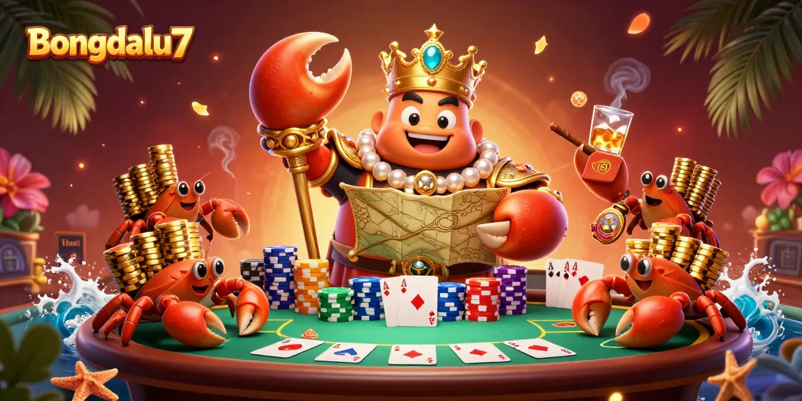 Description of a vibrant and engaging scene depicting Bongdalu7 featuring a golden crab emperor surrounded by poker elements.