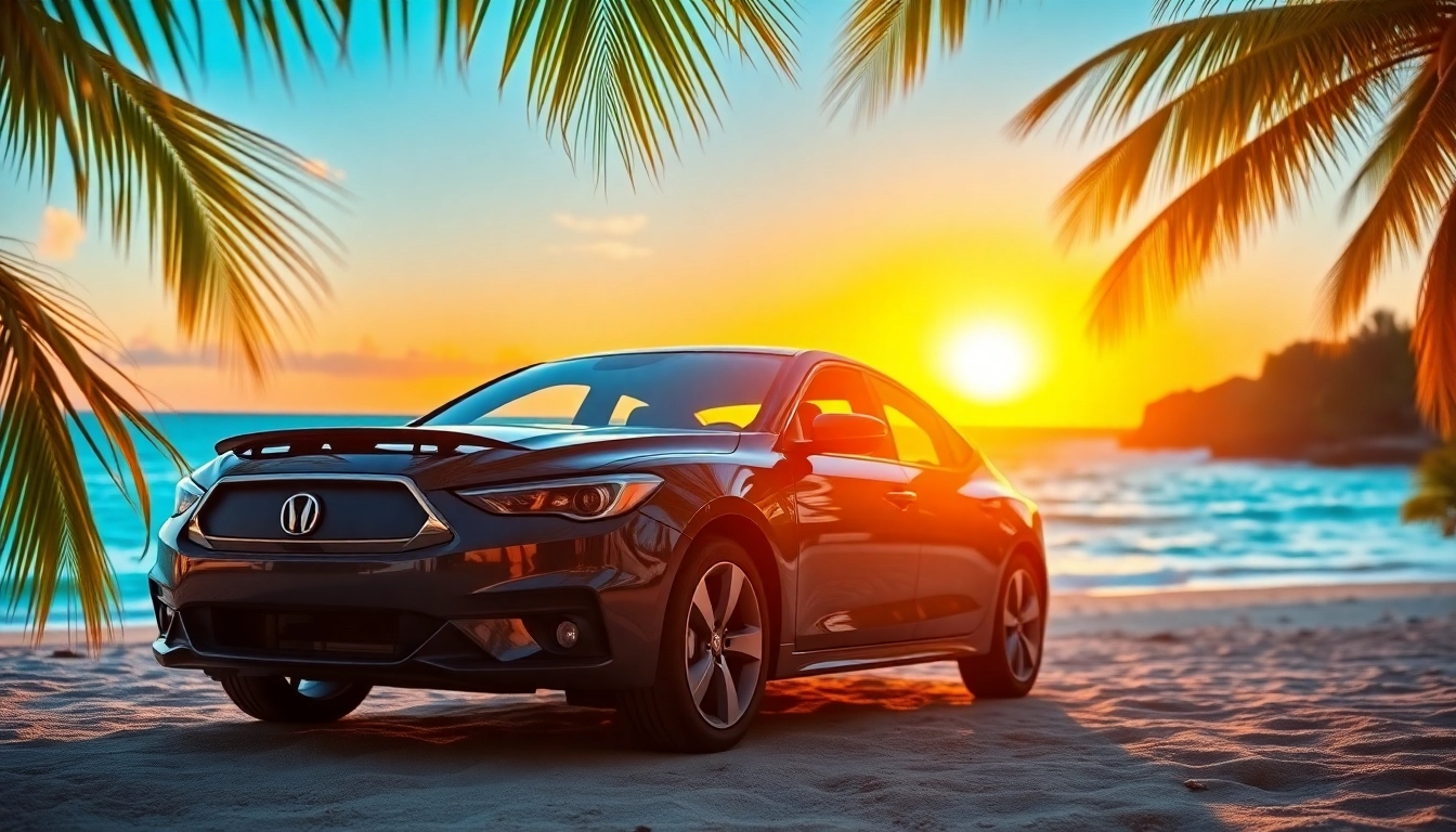 Best car rental saint barth captured with a sleek vehicle against a stunning beach sunset.