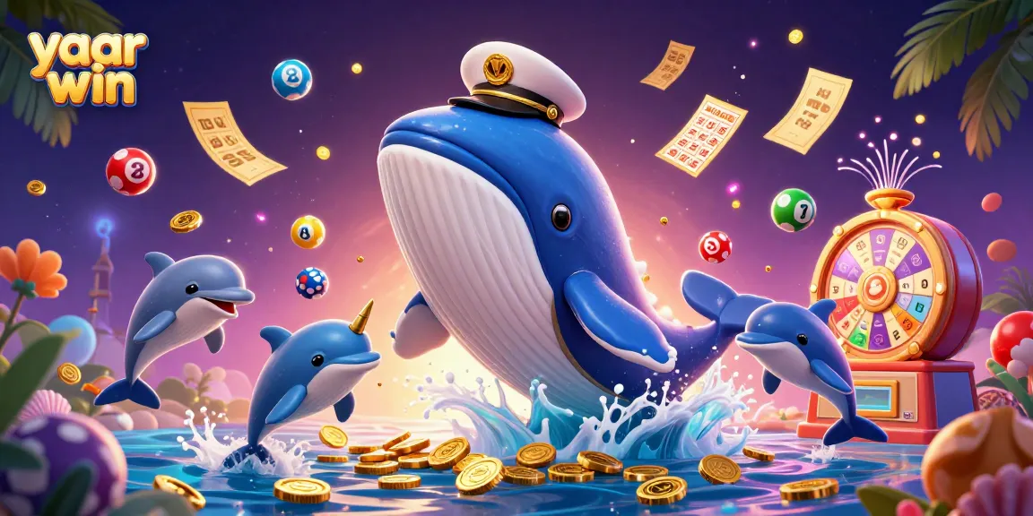 Engage with yaar win's vibrant 3D casino world featuring colorful whales, lottery balls, and playful dolphins.