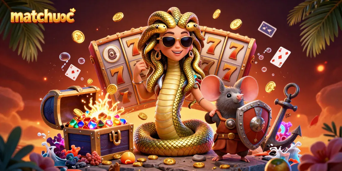 Join the thrill of matchuoc with Medusa and a warrior in a colorful casino-themed scene.