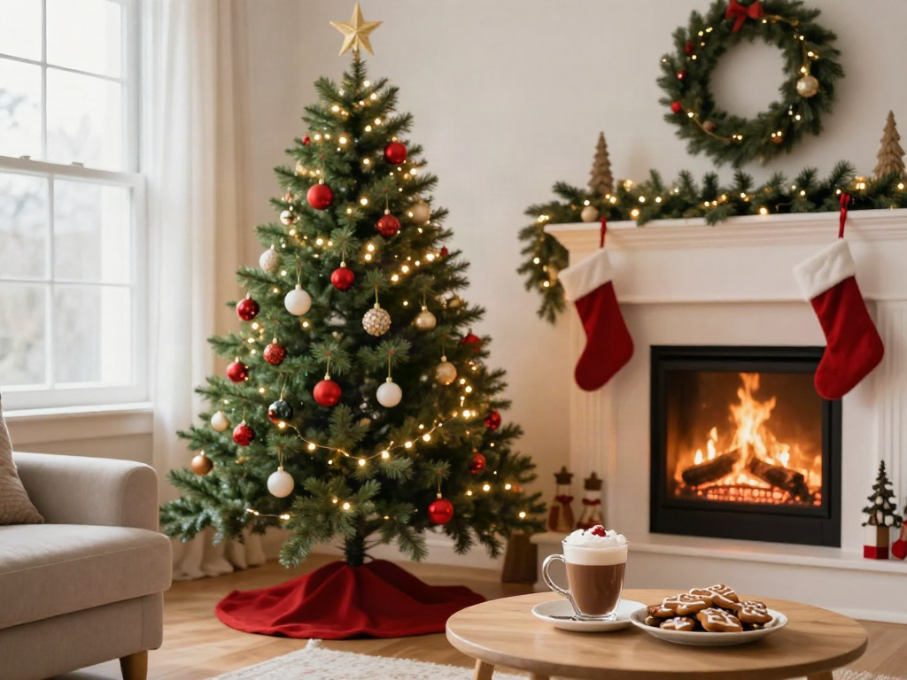 Pencil Christmas tree decorated with ornaments and lights in a cozy living room.
