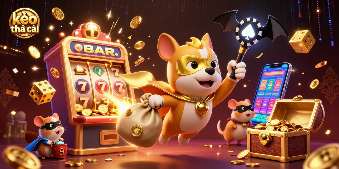 Engage with kèo nhà cái in this vibrant 3D casino scene featuring a superhero dog and dynamic gaming elements.