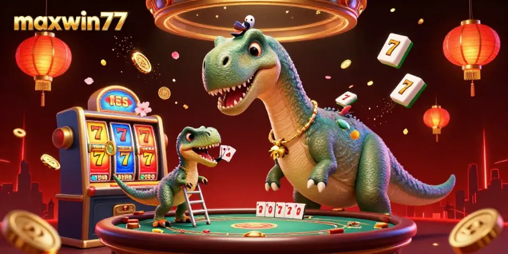 Experience the thrill of maxwin77 in a 3D casino scene with vibrant characters and dynamic slot elements.