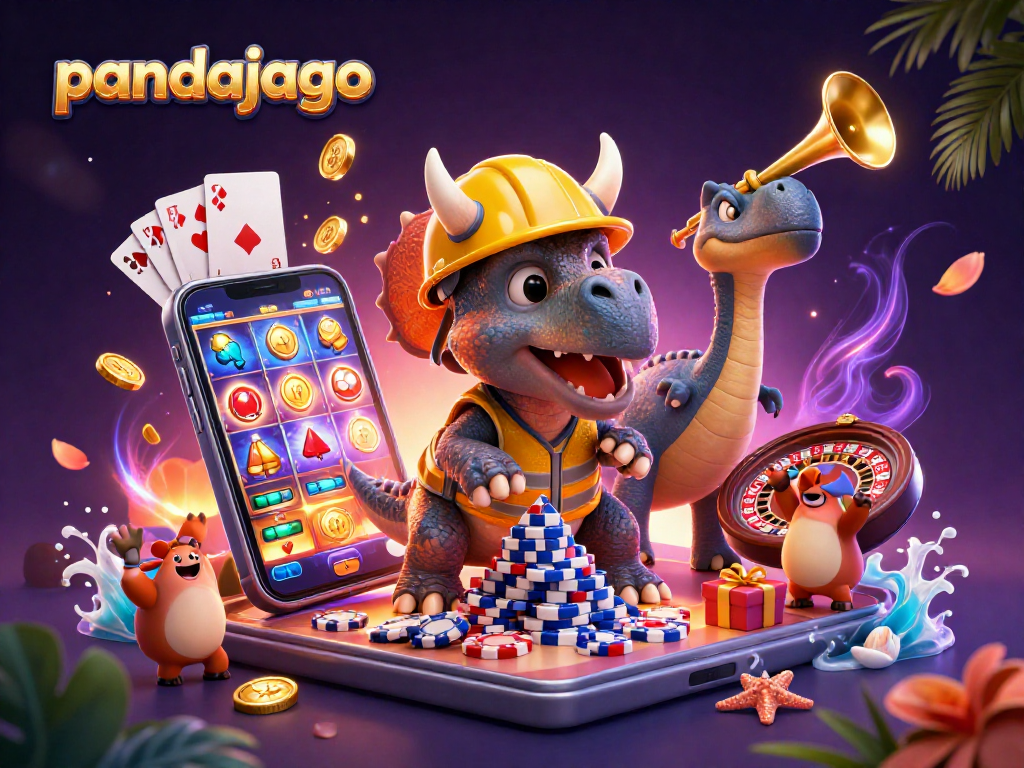 Pandajago menghadirkan keseruan jackpot dengan triceratops menumpuk chip poker di latar belakang kasino.