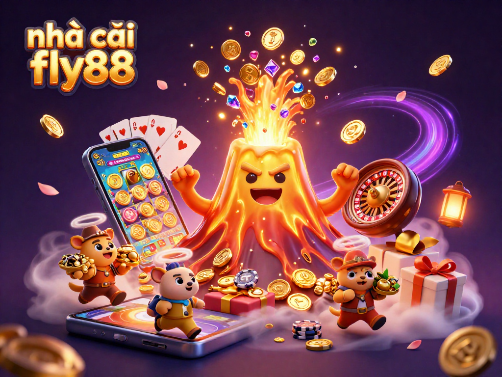 Experience the excitement of nhà cái fly88 with coins and treasure overflowing from a 3D golden volcano.