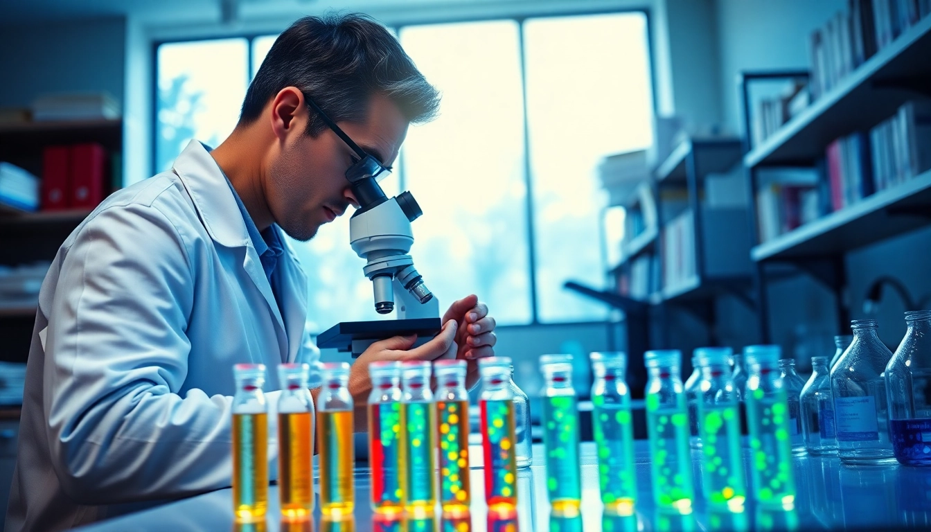 Analyze glow peptide price in a dynamic lab environment with researchers and colorful peptides.