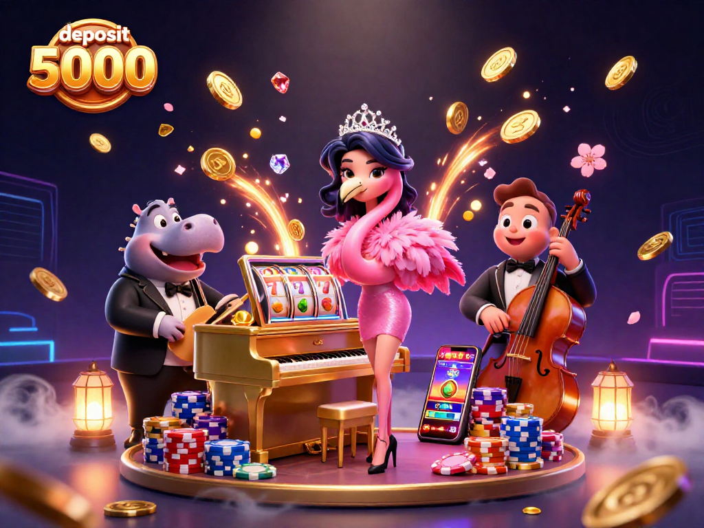 Experience exciting gameplay with deposit 5000 bonuses appearing alongside vibrant slot machine elements.