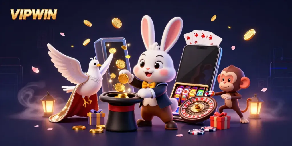 Experience the excitement of VIPWIN with a magician rabbit, dove, and monkey in a vibrant casino scene.