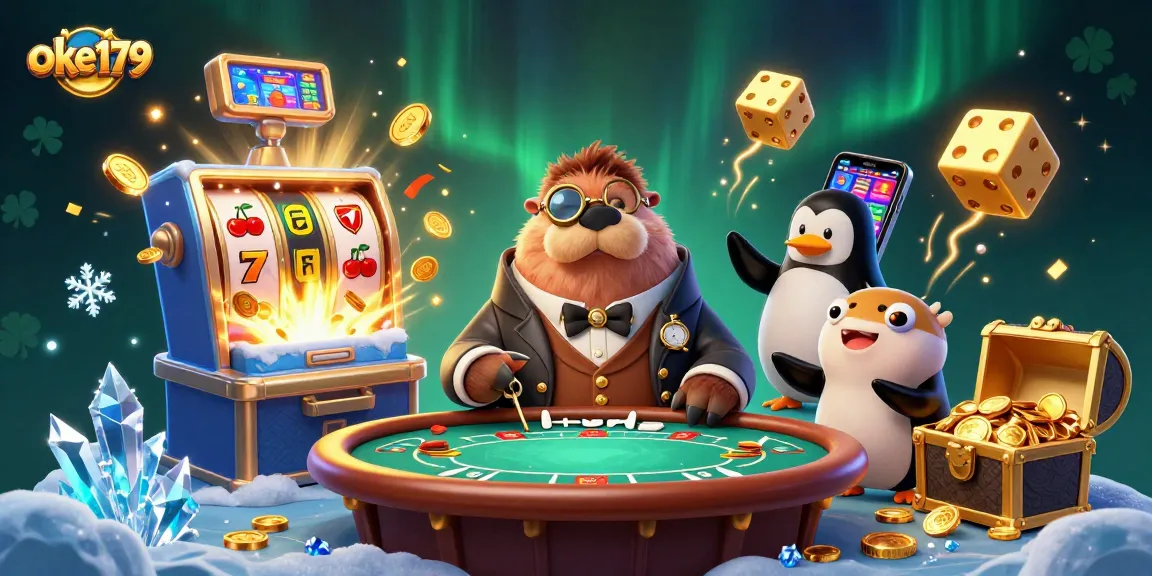 Join the excitement of oke179 while a jolly walrus plays poker underwater with vibrant casino elements around.