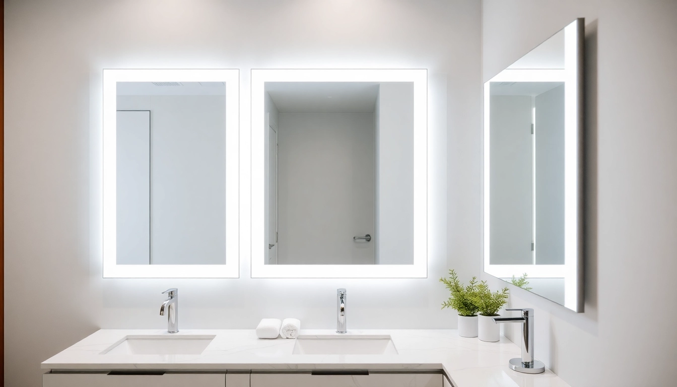Decorative bathroom mirrors with lights enhancing a modern bathroom setting and providing bright illumination.