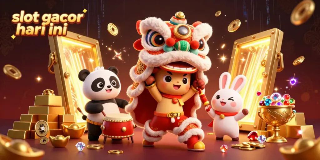 Grafik menarik slot gacor hari ini yang menampilkan kostum tarian singa Tahun Baru yang penuh warna.