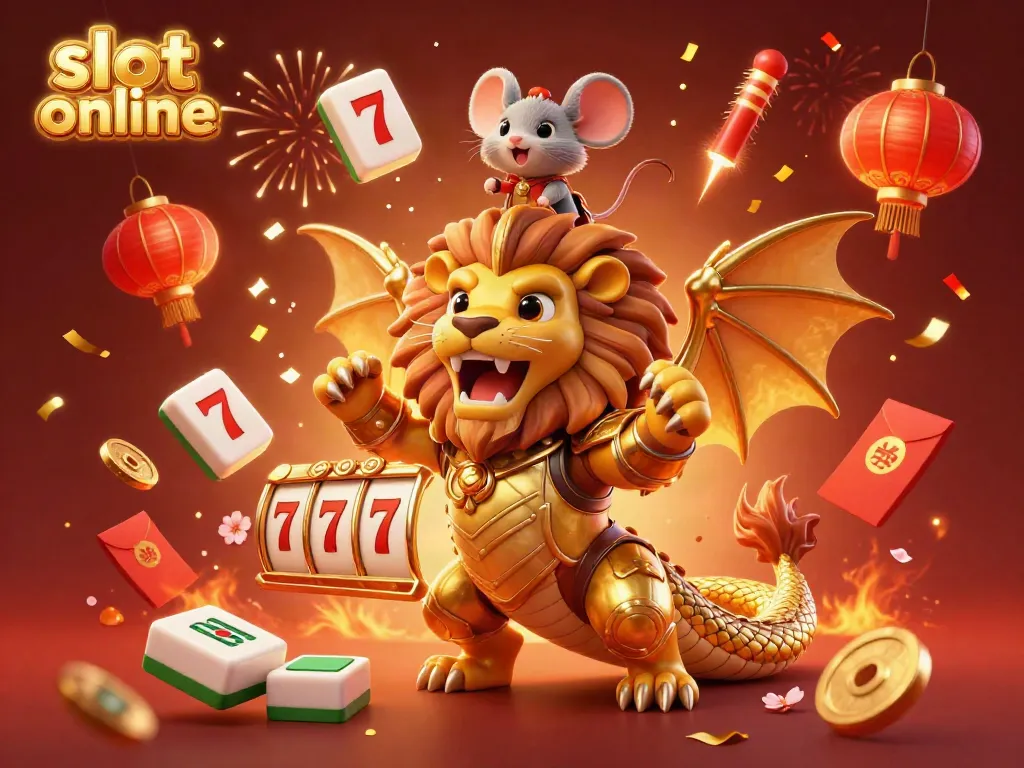 Engage with slot online through this vibrant 3D illustration featuring a triumphant chimera and exciting game elements.