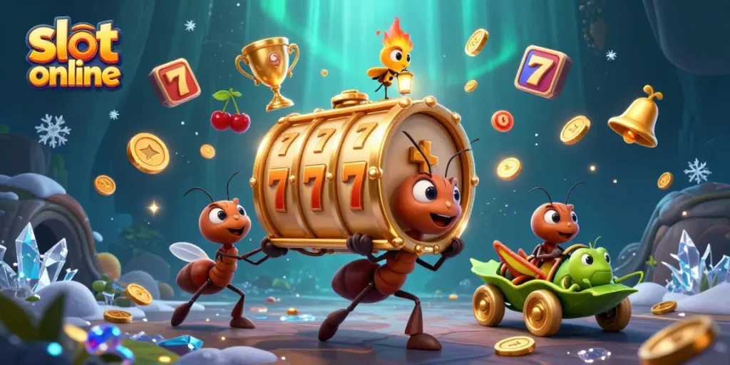 Engage with slot online excitement as animated ants carry a giant slot reel in a vibrant casino scene.