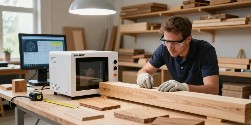 SHASHEL® microwave technology in action for quick woodworm elimination by a technician in a bright workshop.